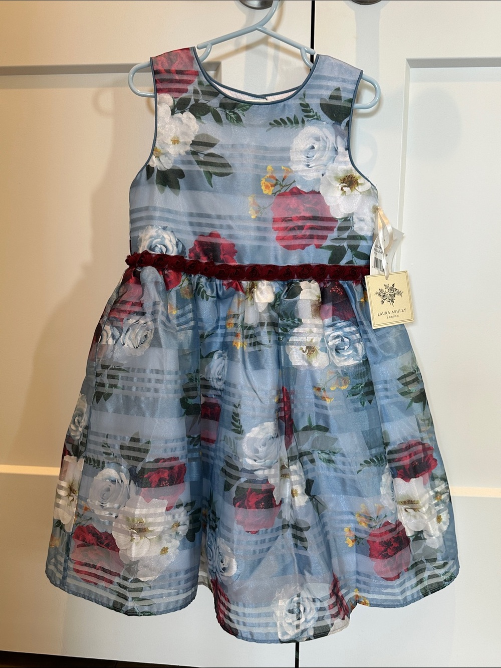 NWT Laura Ashley Blue Floral Organza Dress with Burgundy Waist Trim